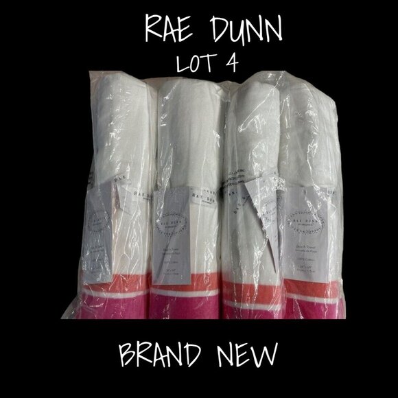 Rae Dunn Beach Towels Lot of 4 - White & Pink 36x68, New with Tag - Picture 1 of 4